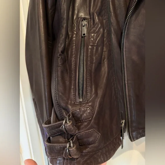 DKNY Dark Brown 100% Lamb Leather Biker Jacket